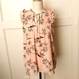 Eclair PInk Floral Blouse Ruffle Sleeve Tie Neck Smocked Flowy Top Small